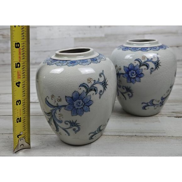 2 Vintage Andrea By Sadek Vases-Ginger Jars Blue Floral Japan No Lids Crackled - Picture 7 of 9